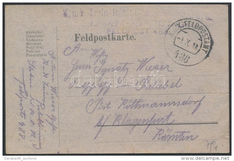 1918 T&aacute;bori Posta LevelezÅ‘lap 'K.u.k. Train-Retabl.-Station Des A.O.K. ERSATZ ABTEILUNG' + 'FP 488' - Autres & Non Classés