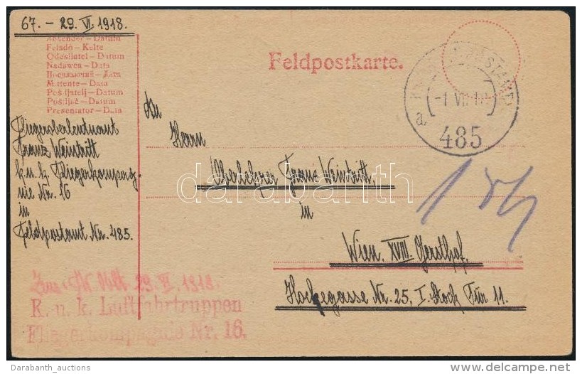 1918 T&aacute;borilap / Field Postcard 'K.u.k. Luftfahrtruppen Fliegerkompagnie Nr. 16.' + 'FP 485a' - Autres & Non Classés
