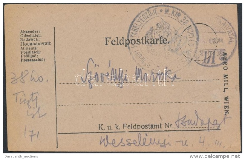 ~1918 T&aacute;bori Posta LevelezÅ‘lap / Field Postcard 'M. KIR. 38 HONV&Eacute;D HADOSZT&Aacute;LY ... + 'TP 171' - Autres & Non Classés