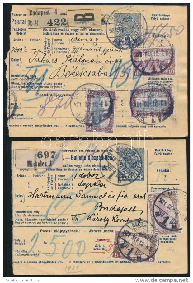 1921 2 Db Csomagsz&aacute;ll&iacute;t&oacute; Lev&eacute;l Budapest - Miskolc - Autres & Non Classés