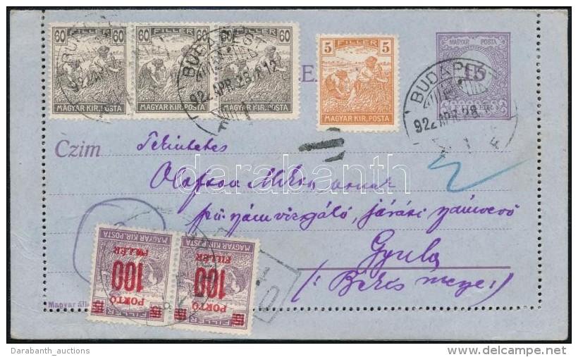 1922 (3. D&iacute;jszab&aacute;s) Z&aacute;rt LevelezÅ‘lap Port&oacute;zva / PS-cover Card With Additional Franking... - Autres & Non Classés