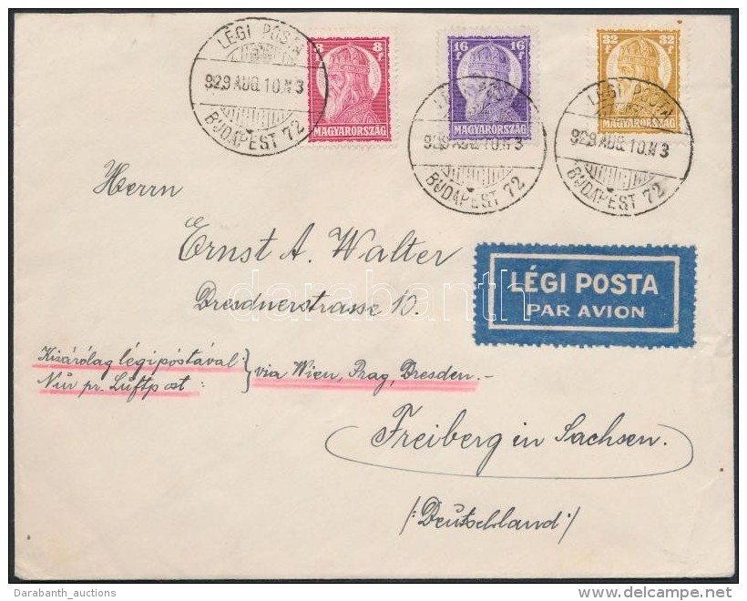 1929 Szent Istv&aacute;n Sor L&eacute;gi Lev&eacute;len Freibergbe / Mi 455-457 On Registered Airmail Cover To... - Autres & Non Classés