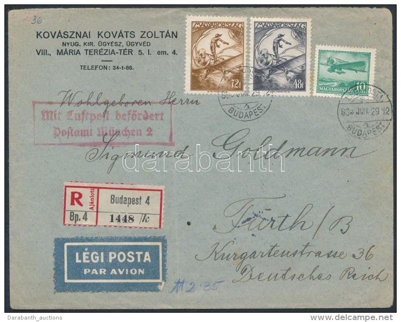 1933 Aj&aacute;nlott L&eacute;gi Lev&eacute;l N&eacute;metorsz&aacute;gba / Registered Airmail Cover To Germany - Autres & Non Classés