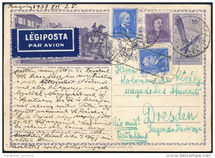 1937 16f D&iacute;jjegyes L&eacute;gi LevelezÅ‘lap 24f D&iacute;jkieg&eacute;sz&iacute;t&eacute;ssel / Airmail... - Autres & Non Classés