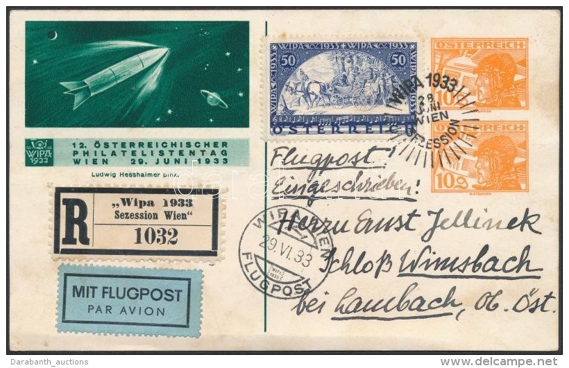 1933 WIPA Mi 555A Aj&aacute;nlott L&eacute;gi LevelezÅ‘lapon / On Registered Airmail Postcard - Autres & Non Classés