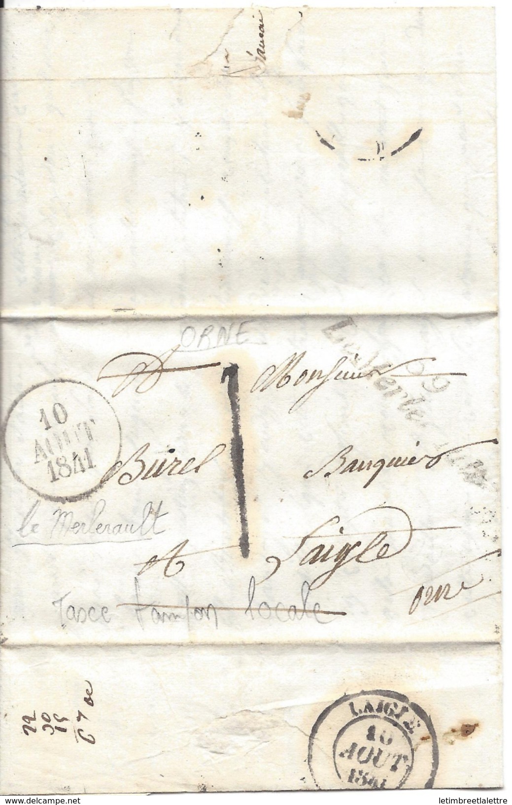 Cursive Le Merlerault Taxe Tampon 1 Et Lettre Locale - 1801-1848: Precursors XIX