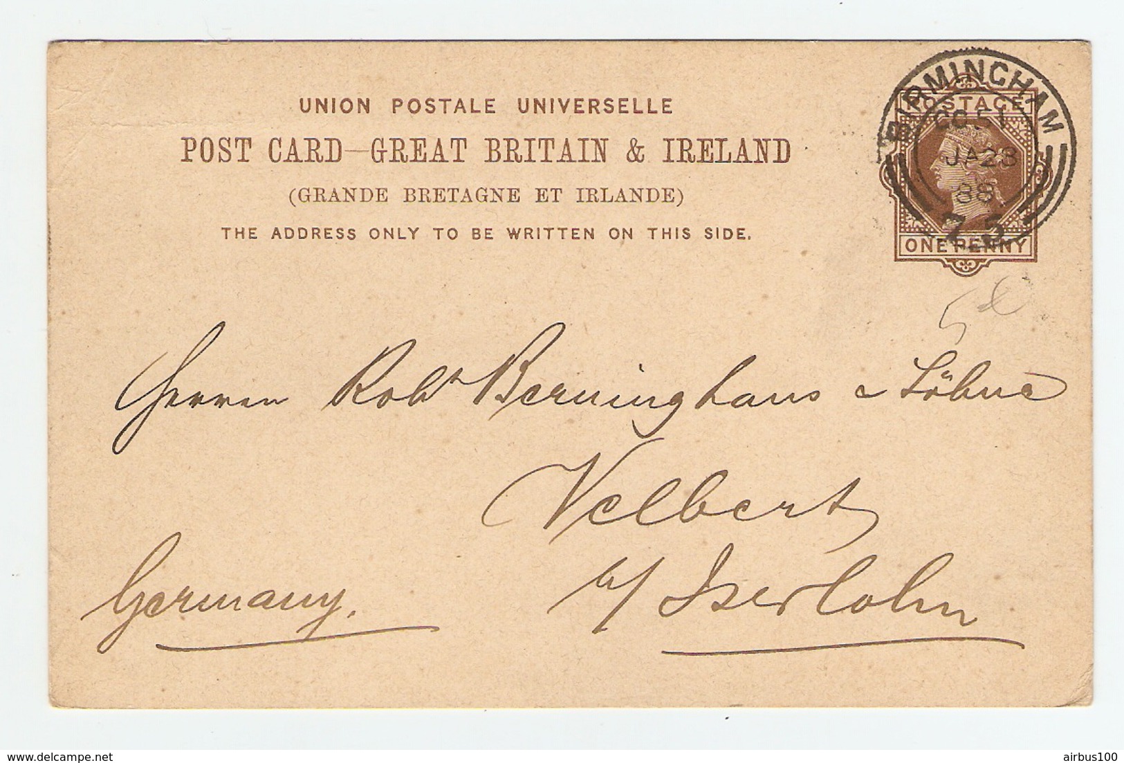 GB ENTIER POSTAL BIRMINGHAM 28/1/1888 POUR GERMANY ALLEMAGNE - WM MUTZELL  - 2 Scans - - Interi Postali