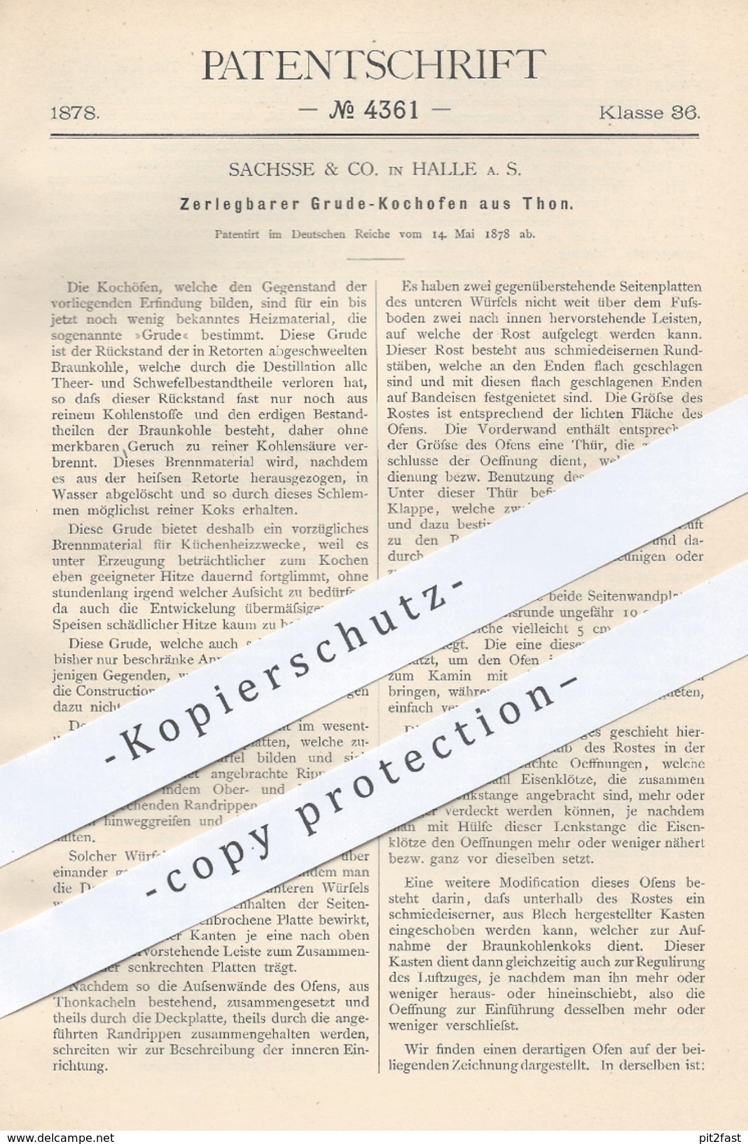 Original Patent - Sachsse & Co. , Halle / Saale , 1878 , Zerlegbarer Grude - Kochofen Aus Ton | Kochherd , Herd , Ofen ! - Historische Dokumente