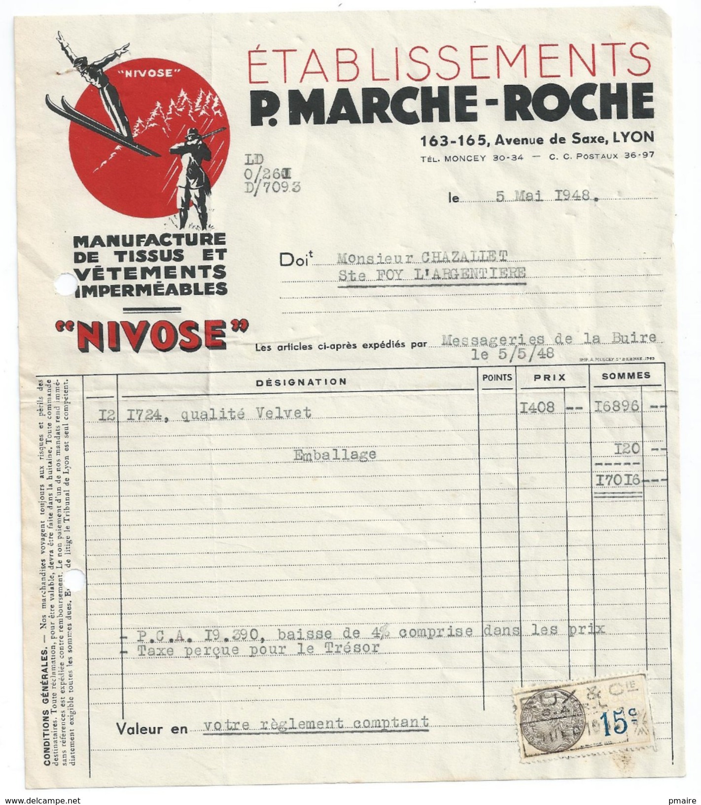 Vp104 Facture 1948 Vetements Marche Roche LYON Pour Chazallet Sainte Foy L' Argentiere Timbre Fiscal - Autres & Non Classés