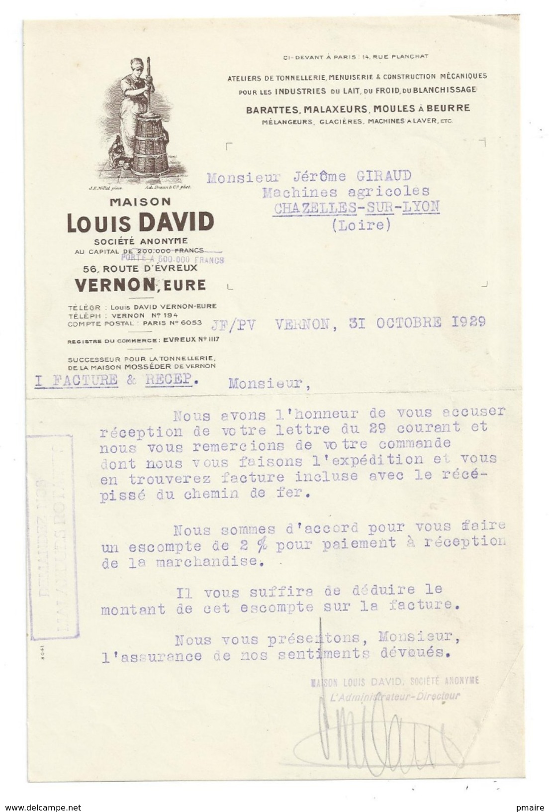 Vp105 Maison Louis DAVID Vernon Eure Beurre 1929 Pour GIRAUD à Chazelles Sur Lyon Loire - Food