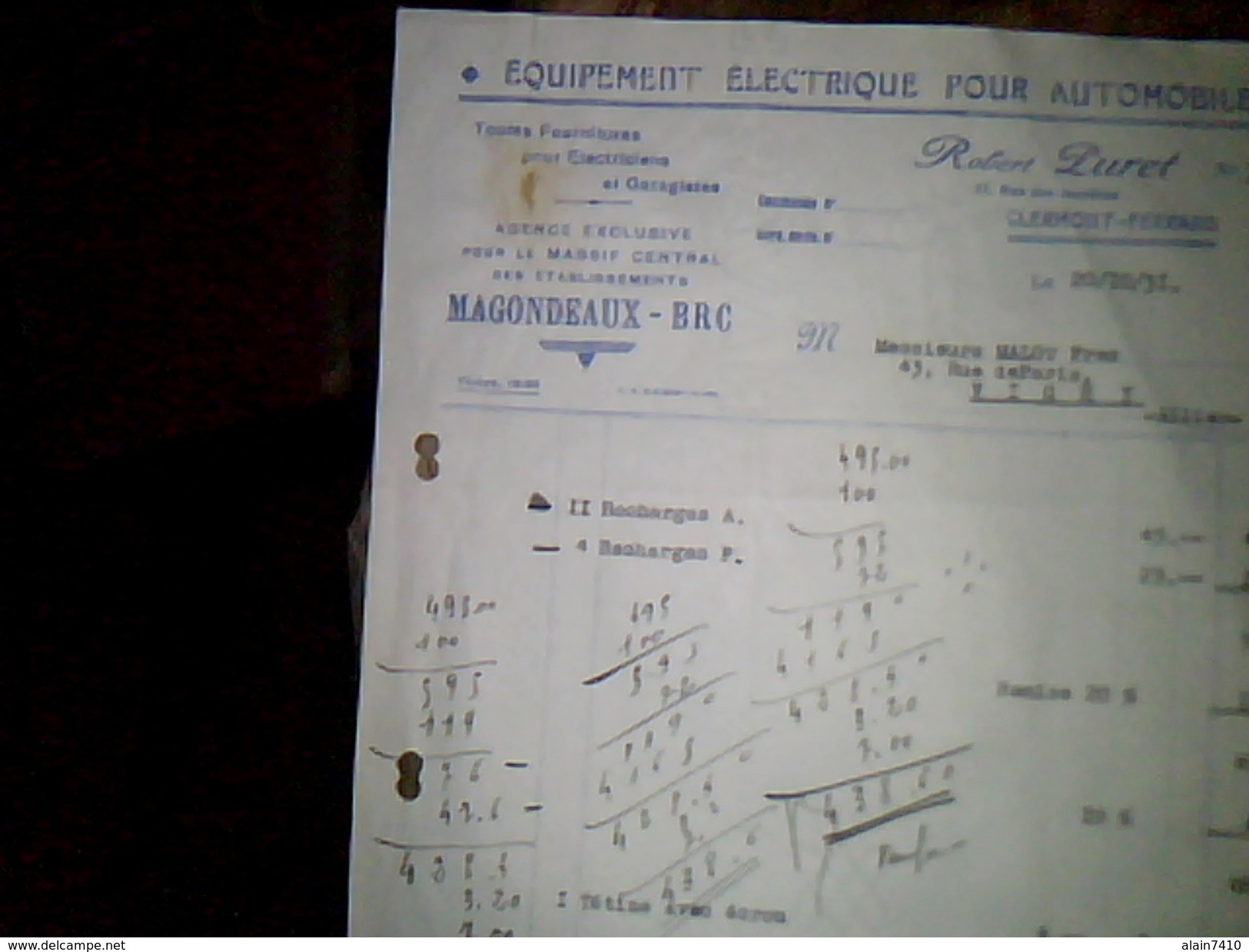 Facture Equipement Electrique Pour Automobile Robert Luret A Clermont Ferrand Annee 1931 - Verenigde Staten