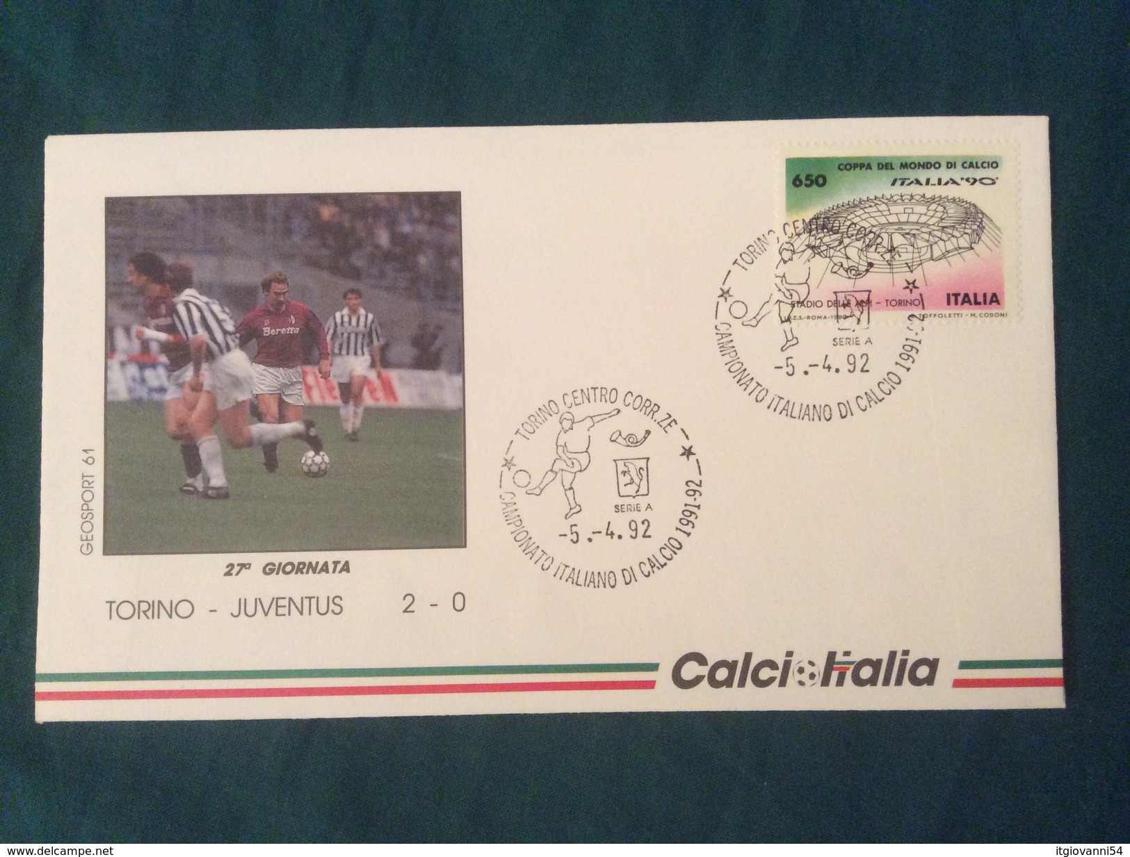 Busta Ufficiale Calcio Italia Campionato 1991-92 Torino-Juventus 5-4-1992 - Storia Postale