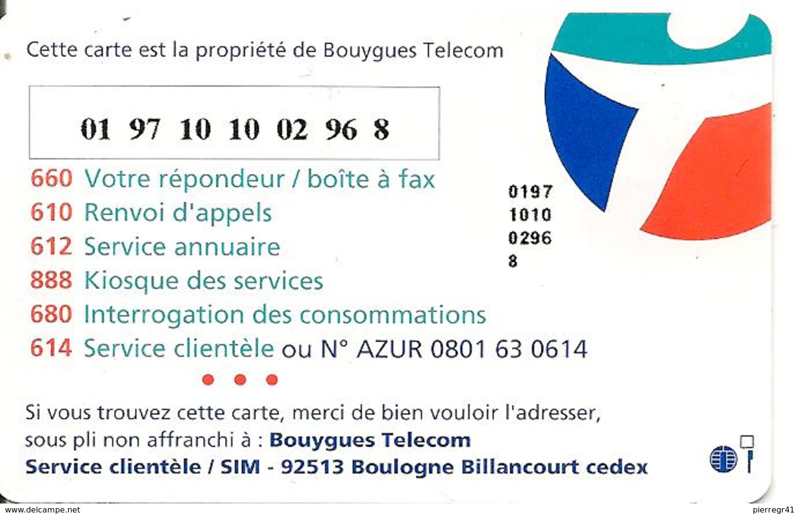 CARTE-PUCE-GSM-BOUYGUES-BT2Ha-SD-V°Texte 3couleurs-PUCE H- TBE-RARE - Mobicartes (GSM/SIM)