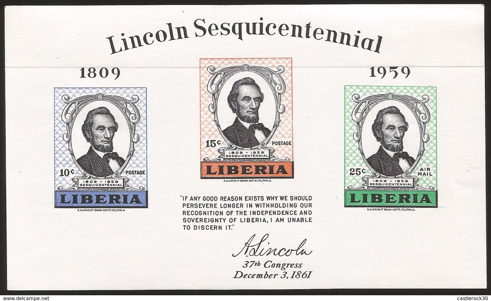 B)1959 LIBERIA, ABRAHAM LINCOLN, 150TH ANNIV. OF THE BIRTH OF ABRAHAM LINCOLN, 385-386 A152, SOUVENIR SHEET OF 3, MNH - Liberia