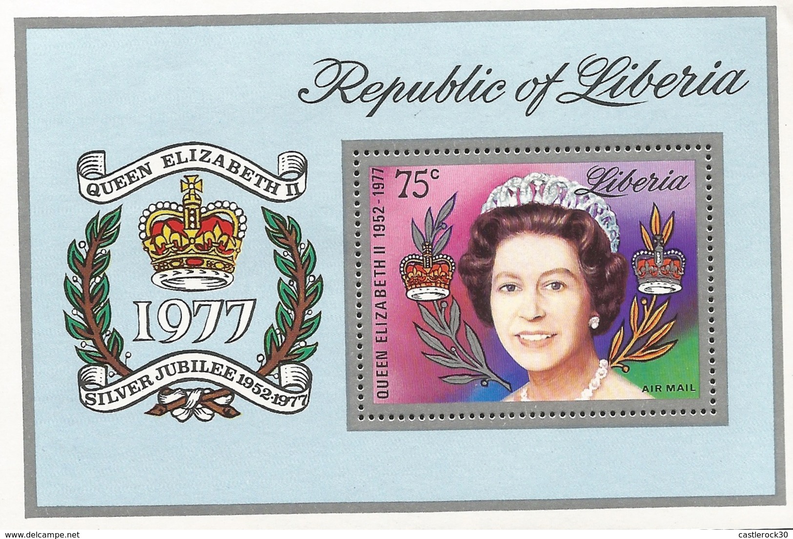 B)1977 LIBERIA,  QUEEN ELIZABETH II,  25 YEARS OF THE KINGDOM OF THE QUEEN ISABEL,  SOUVENIR SHEET,MNH - Liberia