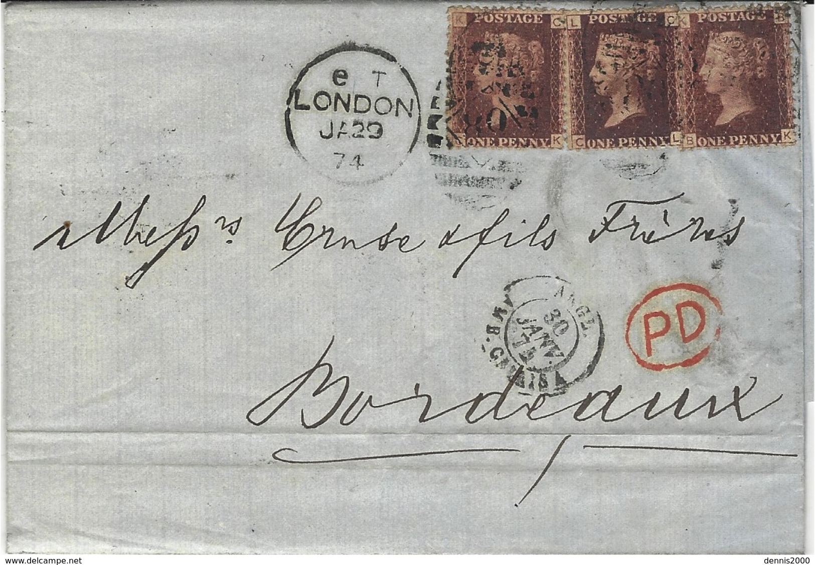 1871- Letter From London To Bordeaux  Fr.  1 Penny X 3    Pl. 164 - Briefe U. Dokumente