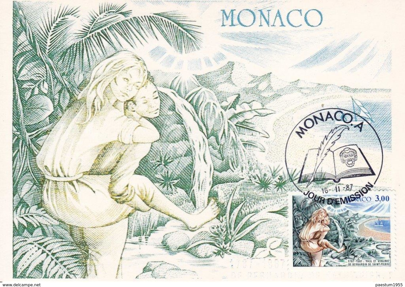 Carte Maximum MONACO Premier Jour 1987  Bernardin De Saint Pierre " Paul Et VIRGINIE " - Maximumkarten (MC)