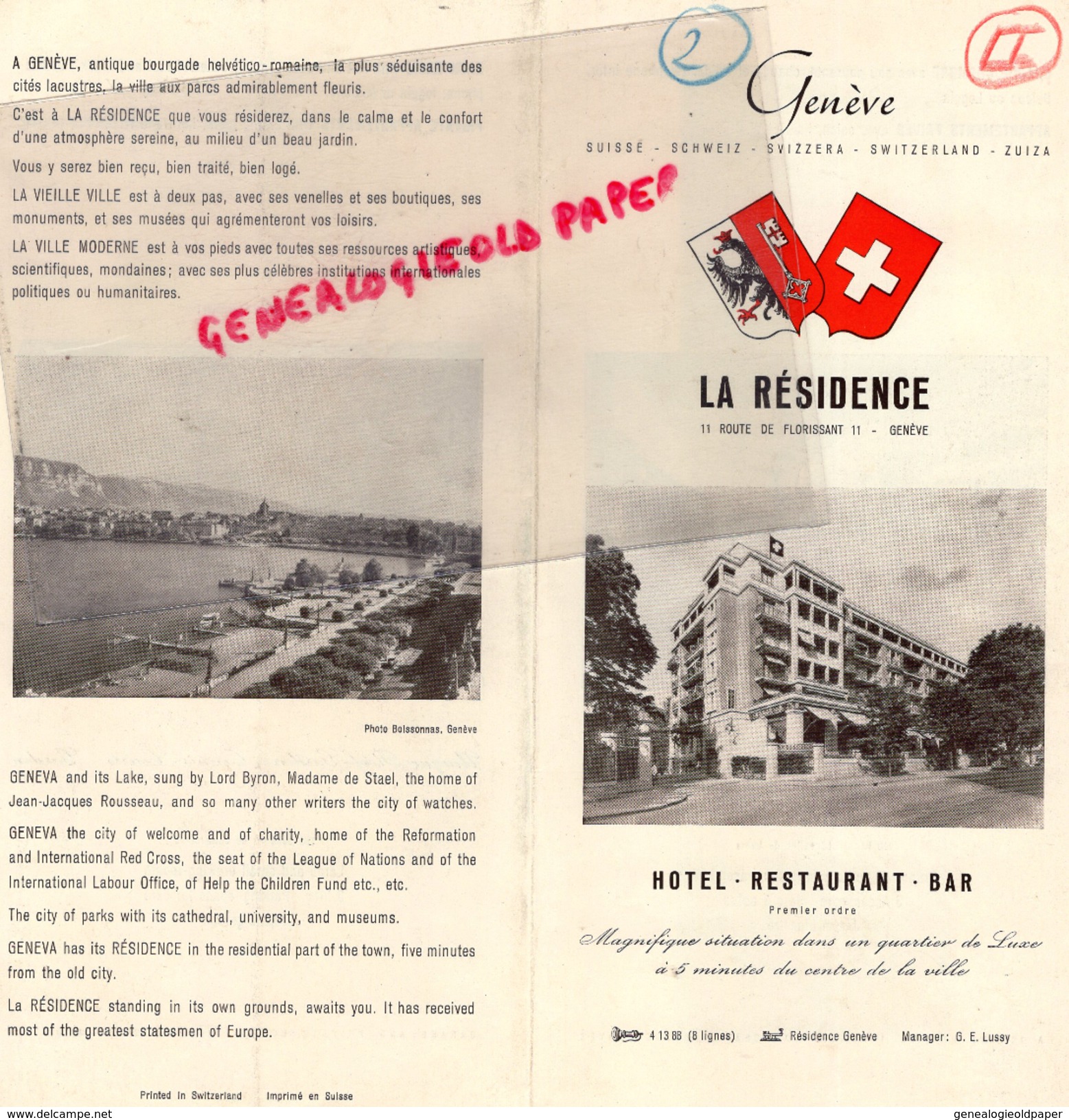 SUISSE - DEPLIANT TOURISTIQUE GENEVE- LA RESIDENCE HOTEL RESTAURANT- 11 ROUTE DE FLORISSANT-MANAGER G.E. LUSSY - Dépliants Touristiques