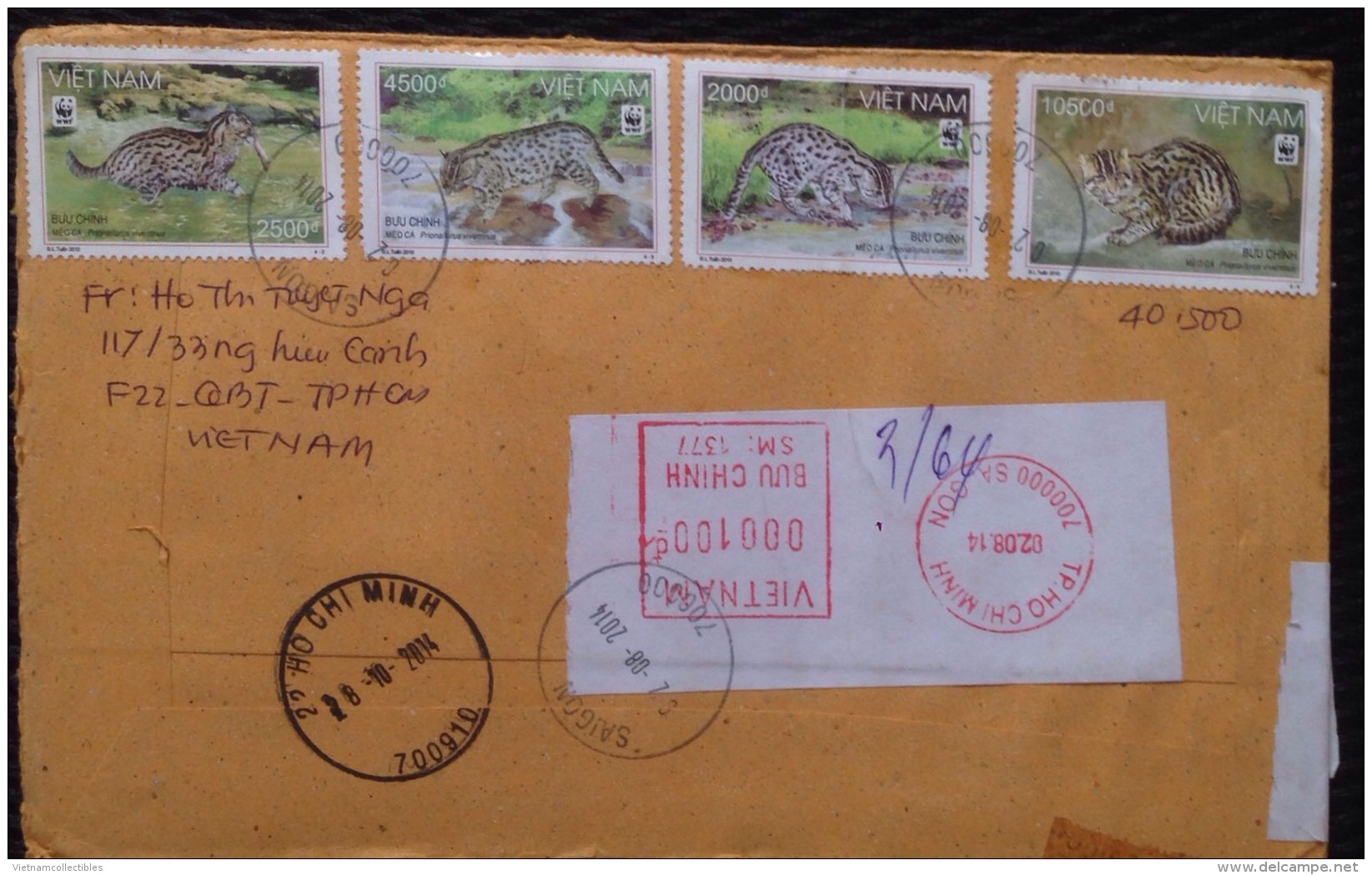 Vietnam Viet Nam Registered Cover With Hemingway Stamp On Front &amp; A Full Set Of WWF FIshing Cat On The Back / 02 Ima - Lettres & Documents