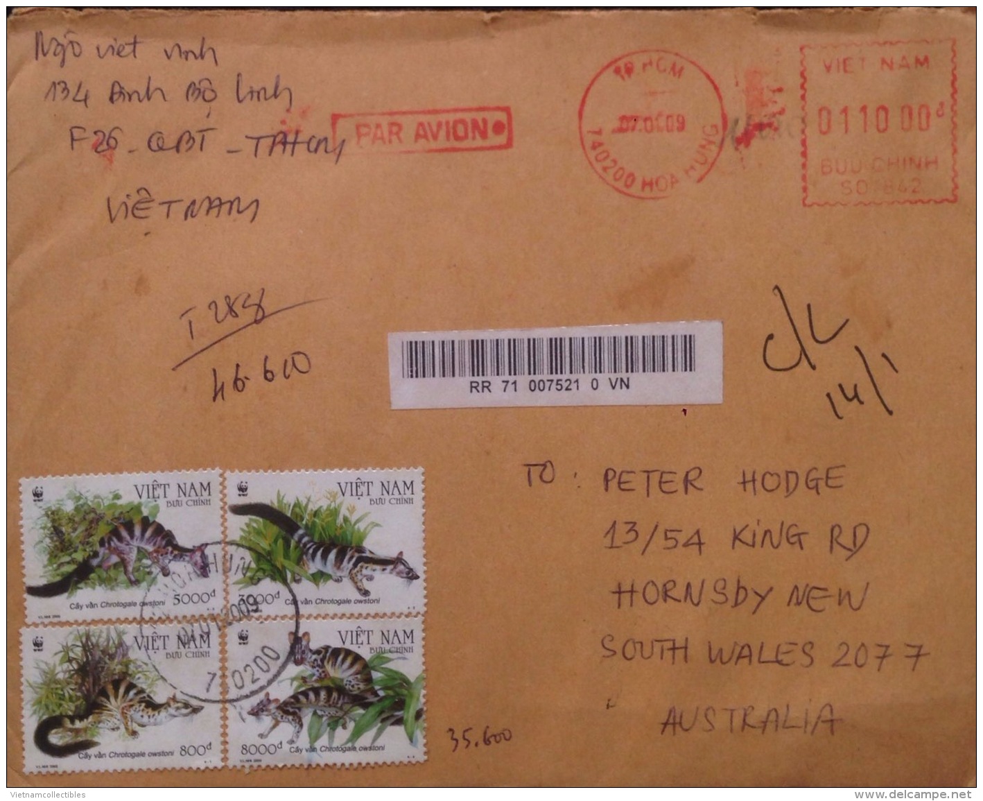 Vietnam Viet Nam Registered Cover With A Souvenir Sheet Of BIRD And Full Set Of WWF Civet Stamps / 02 Images - Briefe U. Dokumente