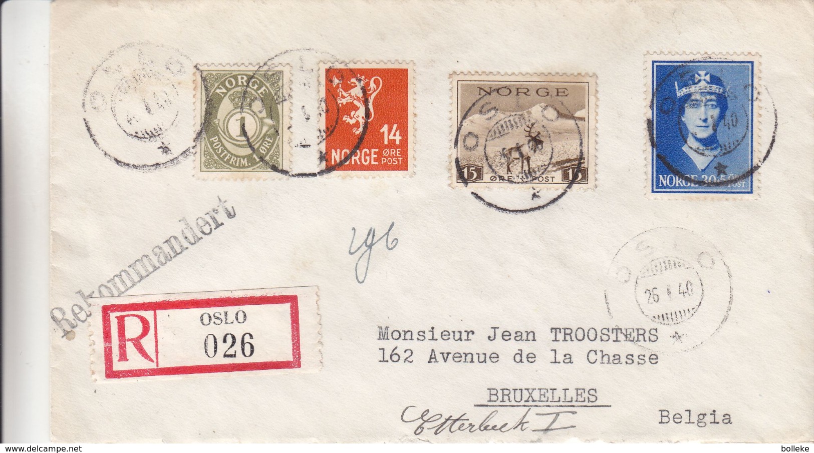 Norvège - Lettre Recommandée De 1940 - Oblit Oslo - Exp Vers La Belgique - Bruxelles Et Etterbeek - Reine Maud - Rennes - Covers & Documents