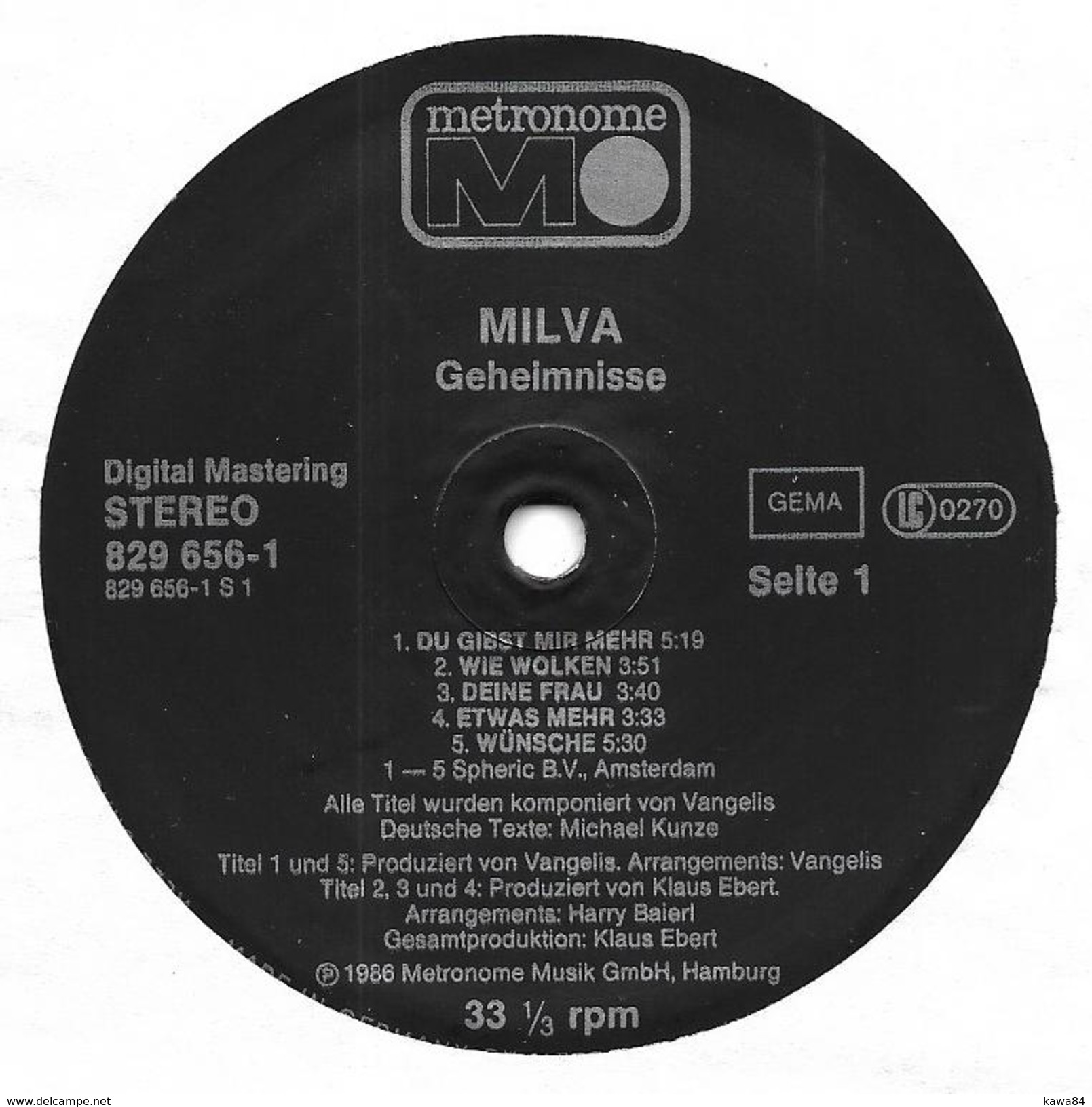 LP 33 RPM (12")  Milva / Vangelis "  Geheimnisse  "  Allemagne - Otros - Canción Alemana