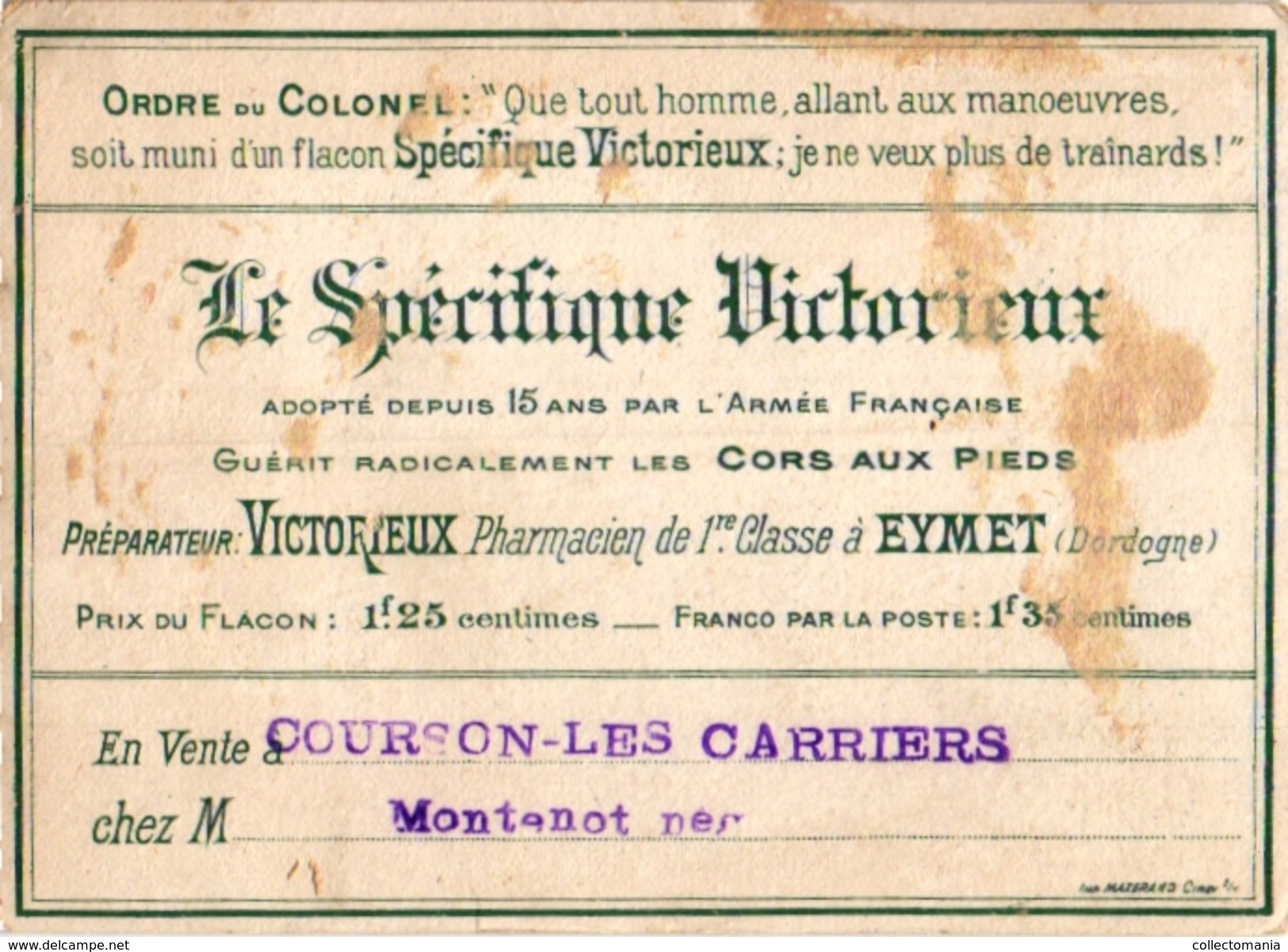 8 Cards Pub.Spécifique Victorieux Pharmacien à Eymet  Dordogne Au Régiment Le Tir Revue Lavabo Militaire ARMY armé