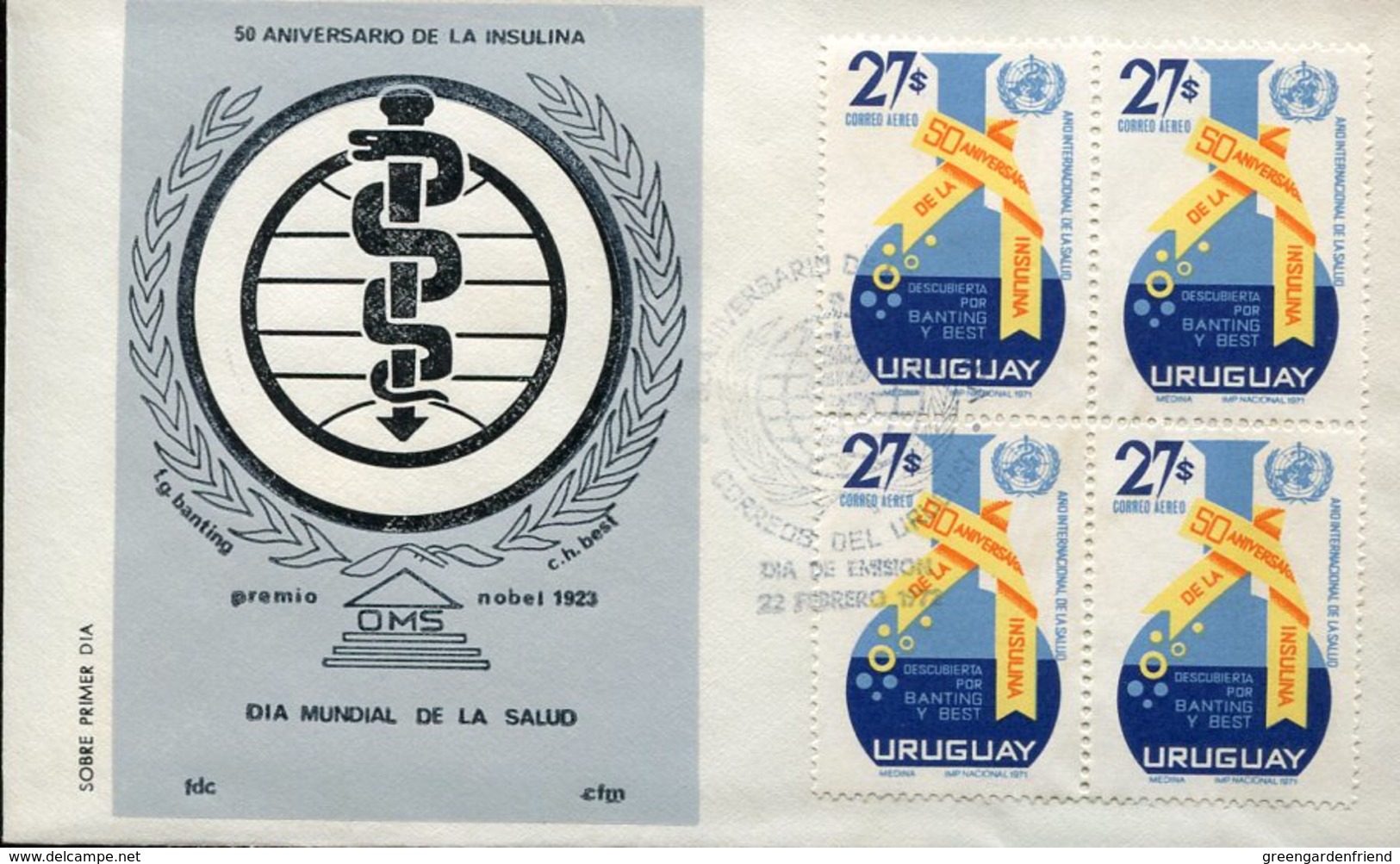 16974  Uruguay, Fdc 1972  50 Year Insuline  Anniversary Of The Insuline,  Bloc Of 4 ! - Enfermedades