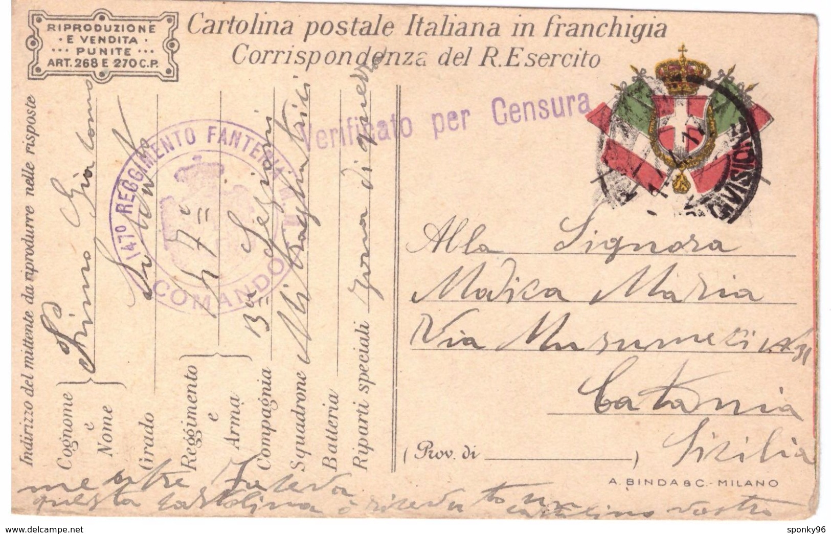 STORIA POSTALE - ITALIA - ANNO 1917 - POSTA MILITARE  - VERIFICATO PER CENSURA - 147° REGGIMENTO FANTERIA - COMANDO - - Militärpost (MP)