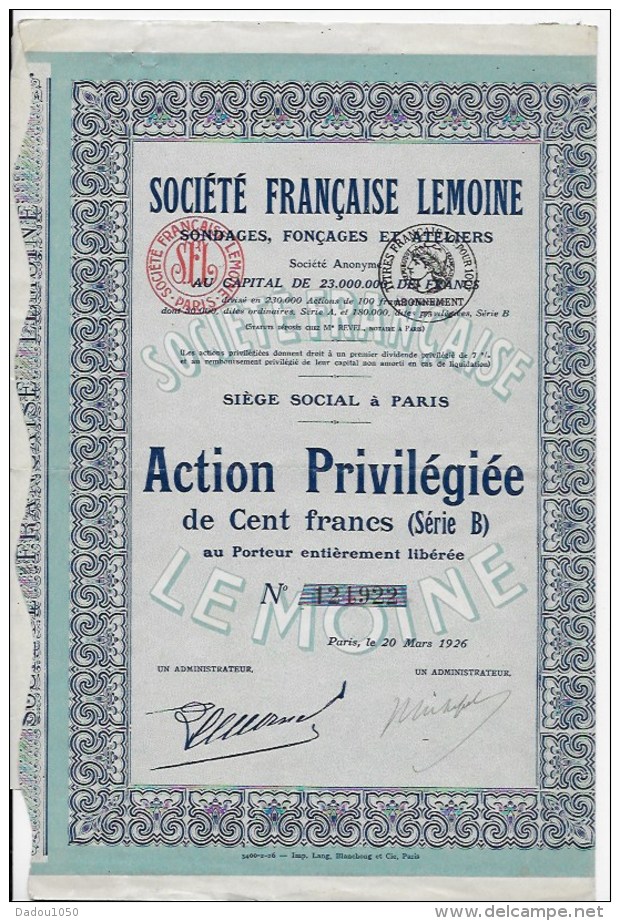 Action Société Française Lemoine - Industrie