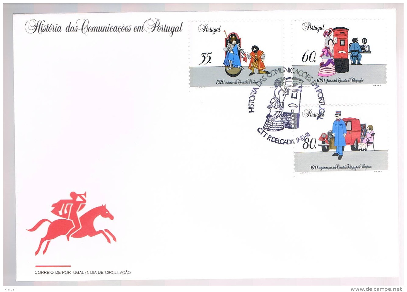 Portugal, 1991, FDC História Doas Comunicações Em Portugal, Carimbo Ponta Delgada - FDC