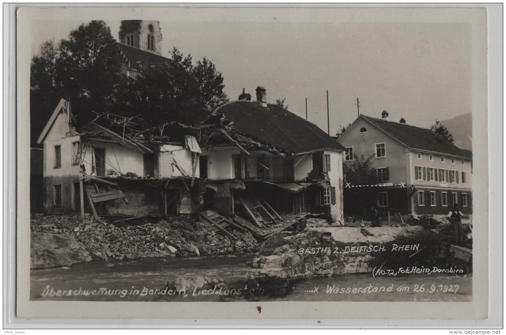 überschwemmung In Bendern, Liechtenstein - Gasthof Z. Deutsch. Rhein 1927 - Photo: Heim No. 72 - Liechtenstein