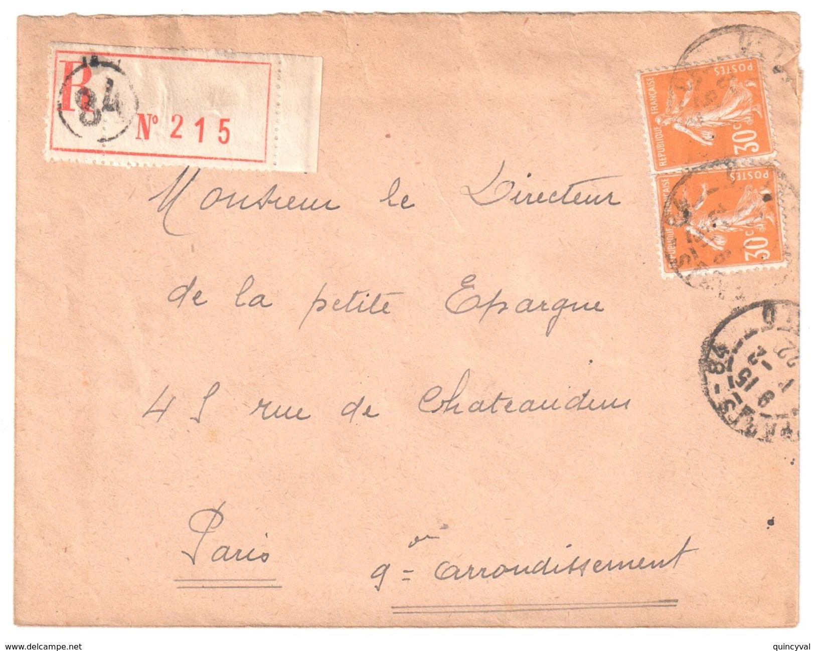 3689 PARIS 84 Lettre Recommandée Semeuse 30 C Orange Yv 141 Etiquette Ob 1 2 1922 - Briefe U. Dokumente