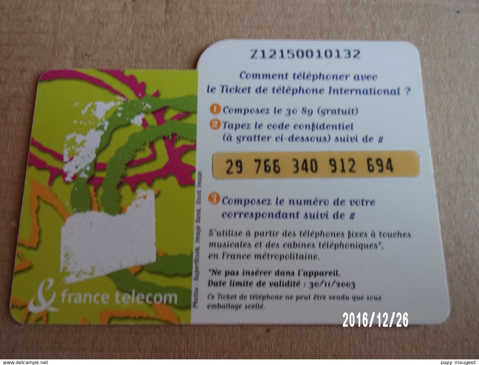 Ticket Téléphone International France Télécom 7,5 € Validité 30/11/2003 - Tickets FT