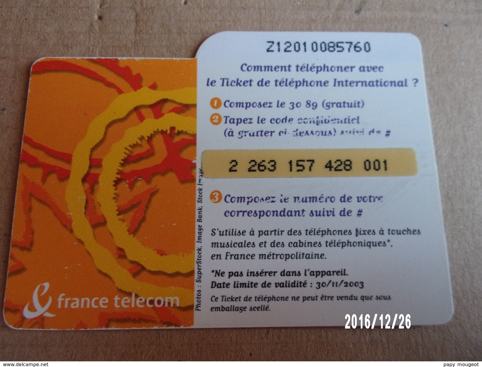 Ticket Téléphone International France Télécom 15€ Validité 30/11/2003 - FT Tickets