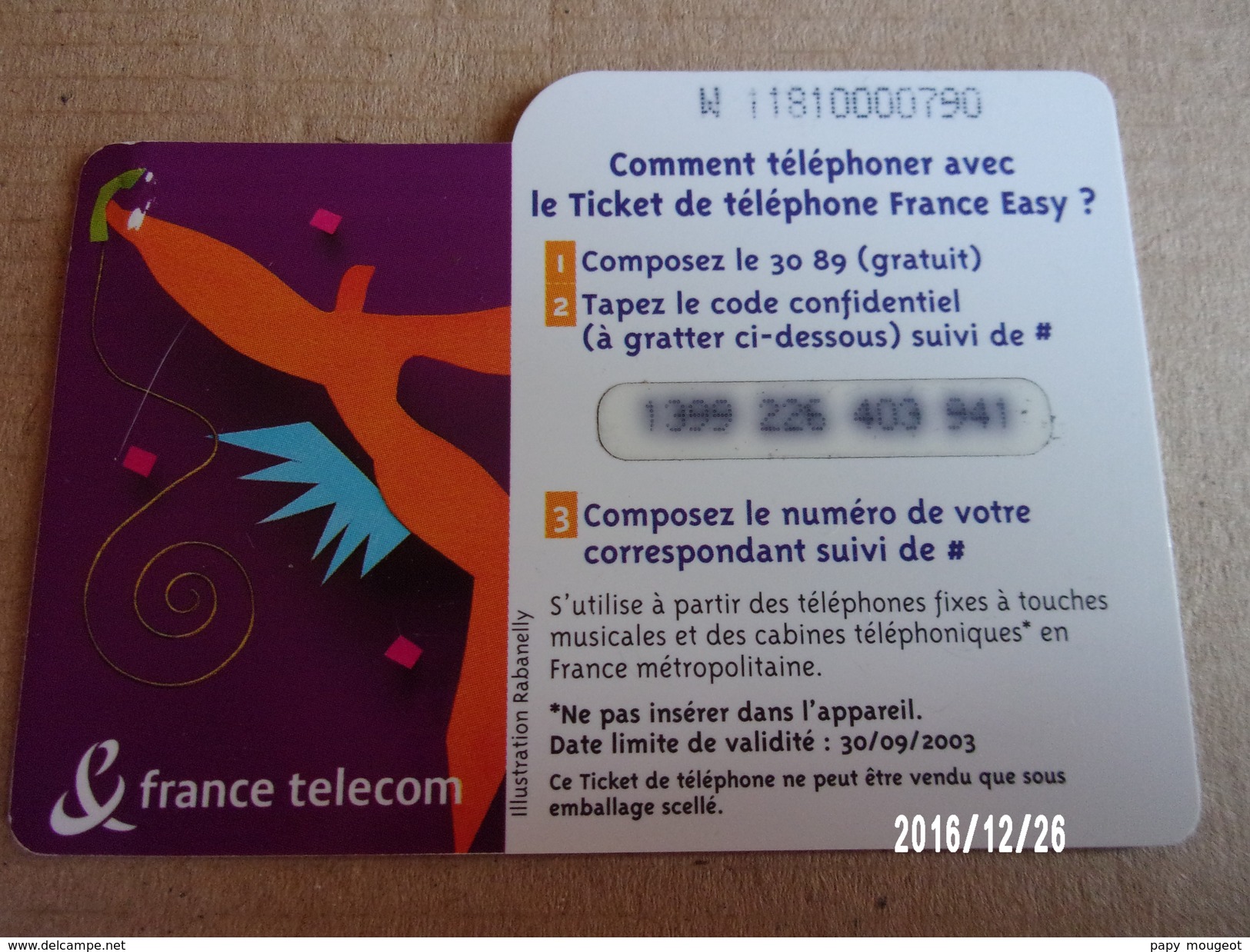 Ticket Téléphone France Télécom 50F Validité 30/09/2003 - FT