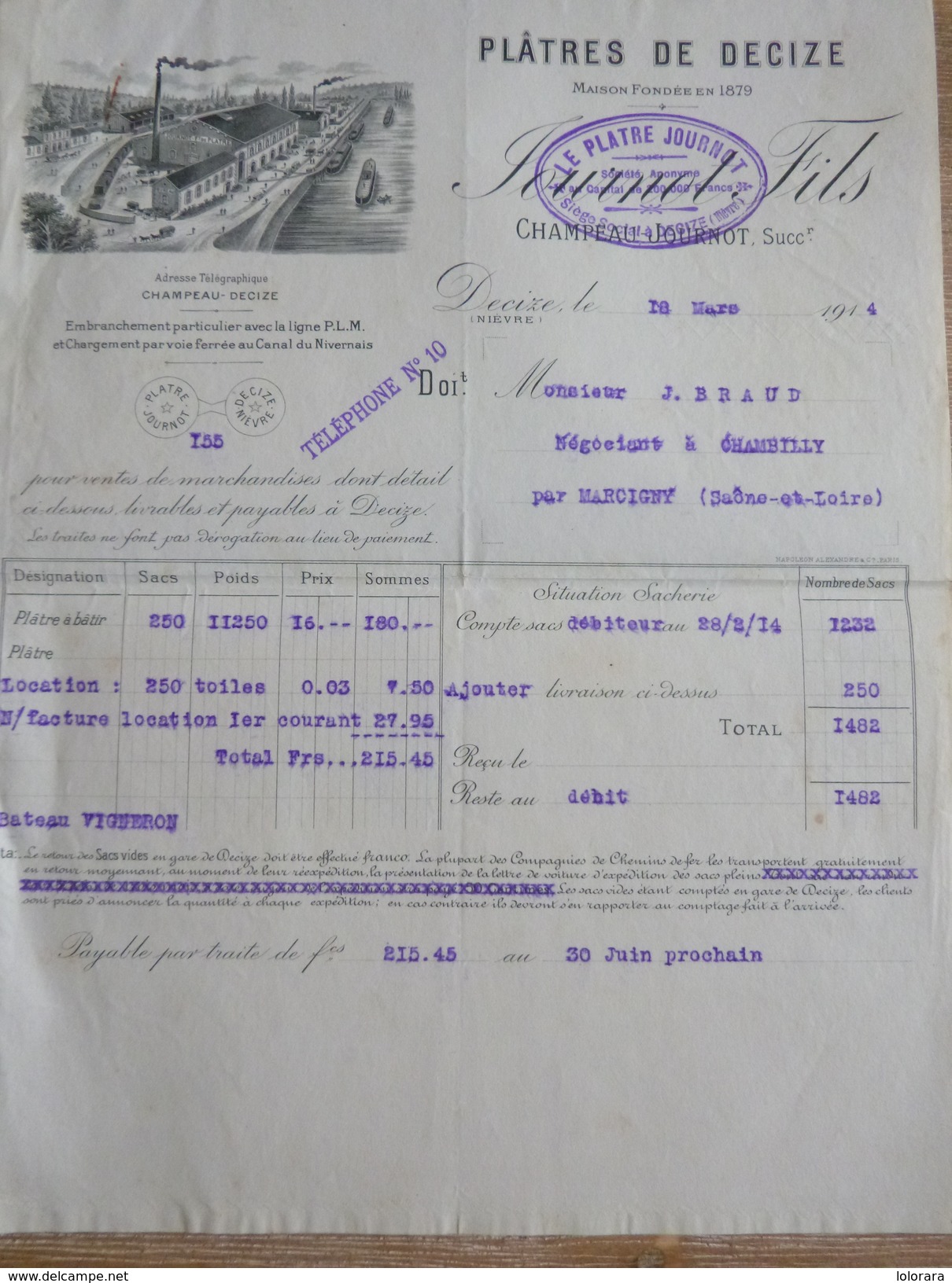 Facture Plâtres Plâtre De DECIZE JOURNOT 1914 Charbons Chambilly Par Marcigny - Autres & Non Classés