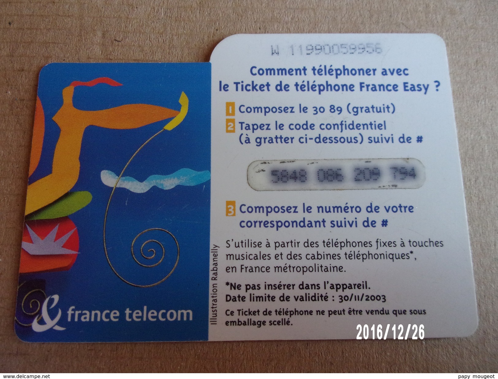 Ticket Téléphone France Télécom 7.5€ Validité 30/11/2003 - FT Tickets