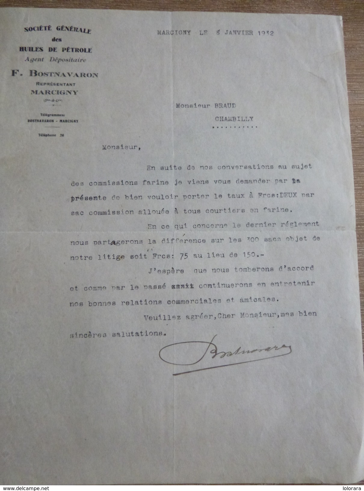 Lettre Huiles Pétrole BOSTNAVARON 1932 Farine BRAUD Chambilly Marcigny - Autres & Non Classés