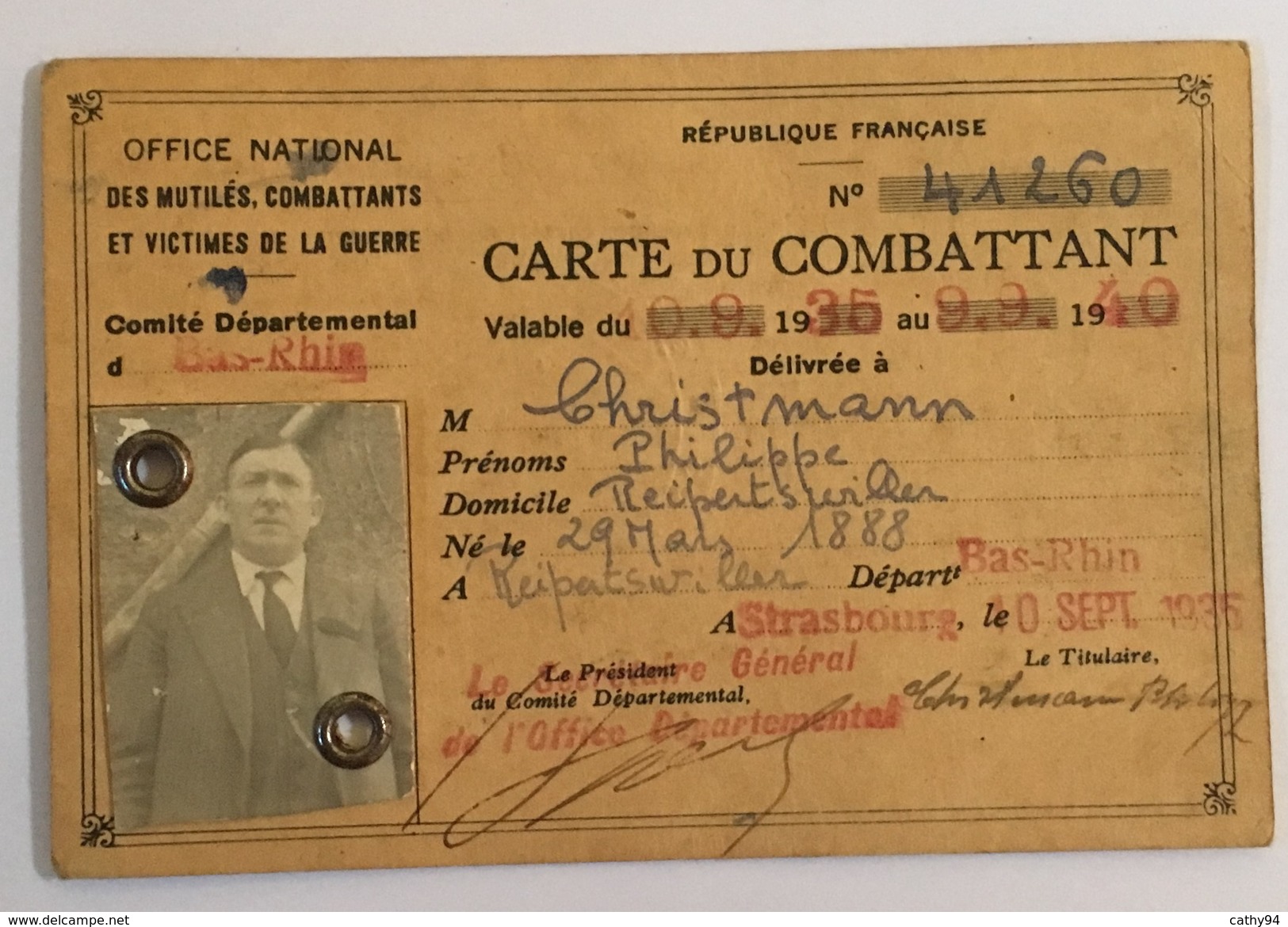 Carte Du Combattant Du BAS RHIN 1935 - 1940 - Documents Historiques