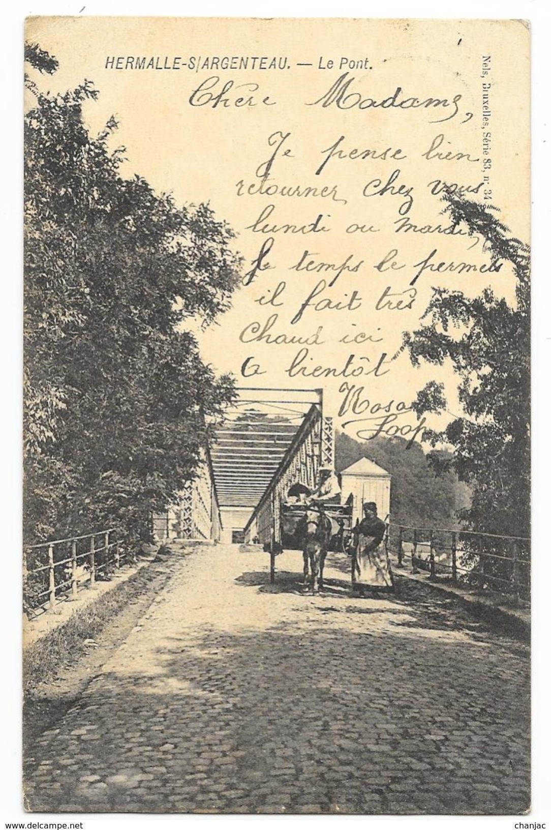 Cpa: BELGIQUE - HERMALLE SOUS ARGENTEAU - Le Pont (animé, Attelage) 1907 NELS Série 83  N° 34 - Oupeye