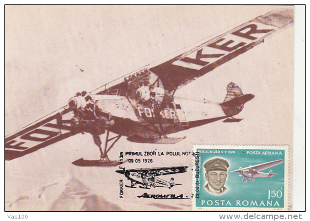 PLANES, FOKKER F VII, FIRST NORTH POLE FLIGHT, CM, MAXICARD, CARTES MAXIMUM, 1981, ROMANIA - Airplanes