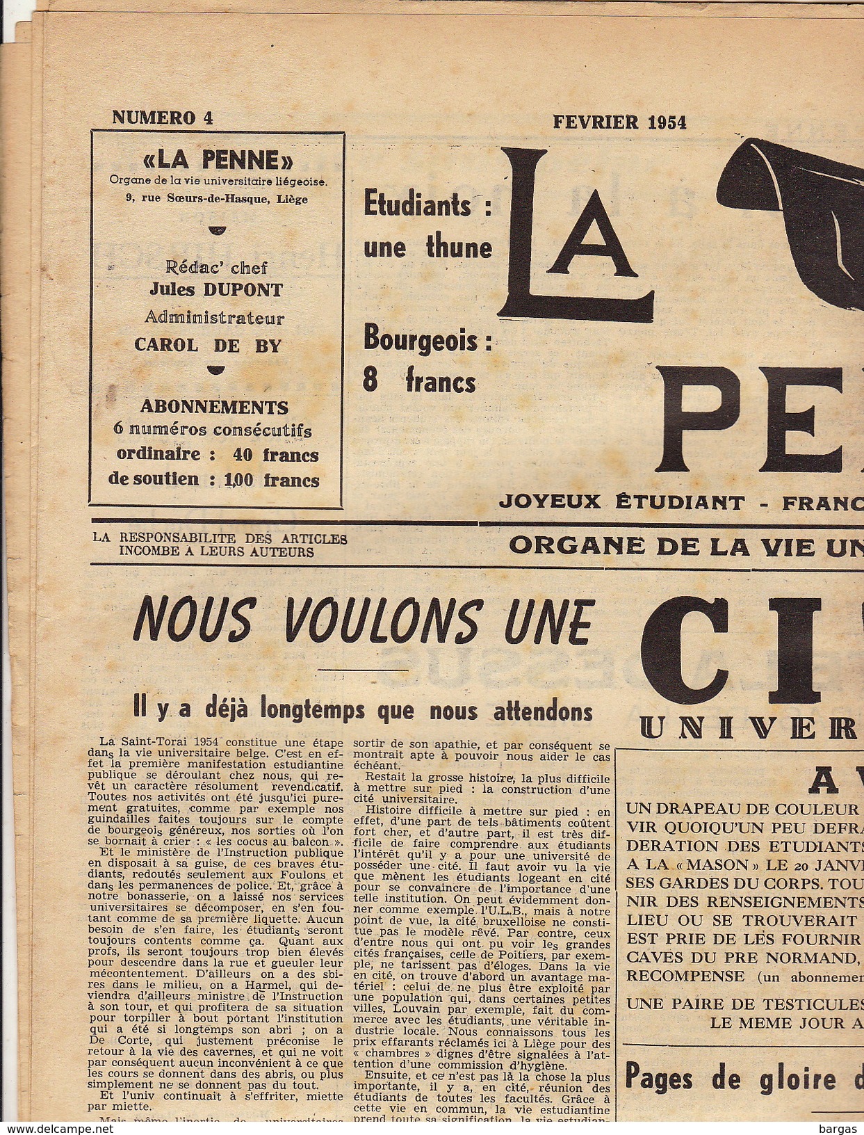 Journal Ancien étudiant Université De Liège LA PENNE Février 1954 - 1950 à Nos Jours