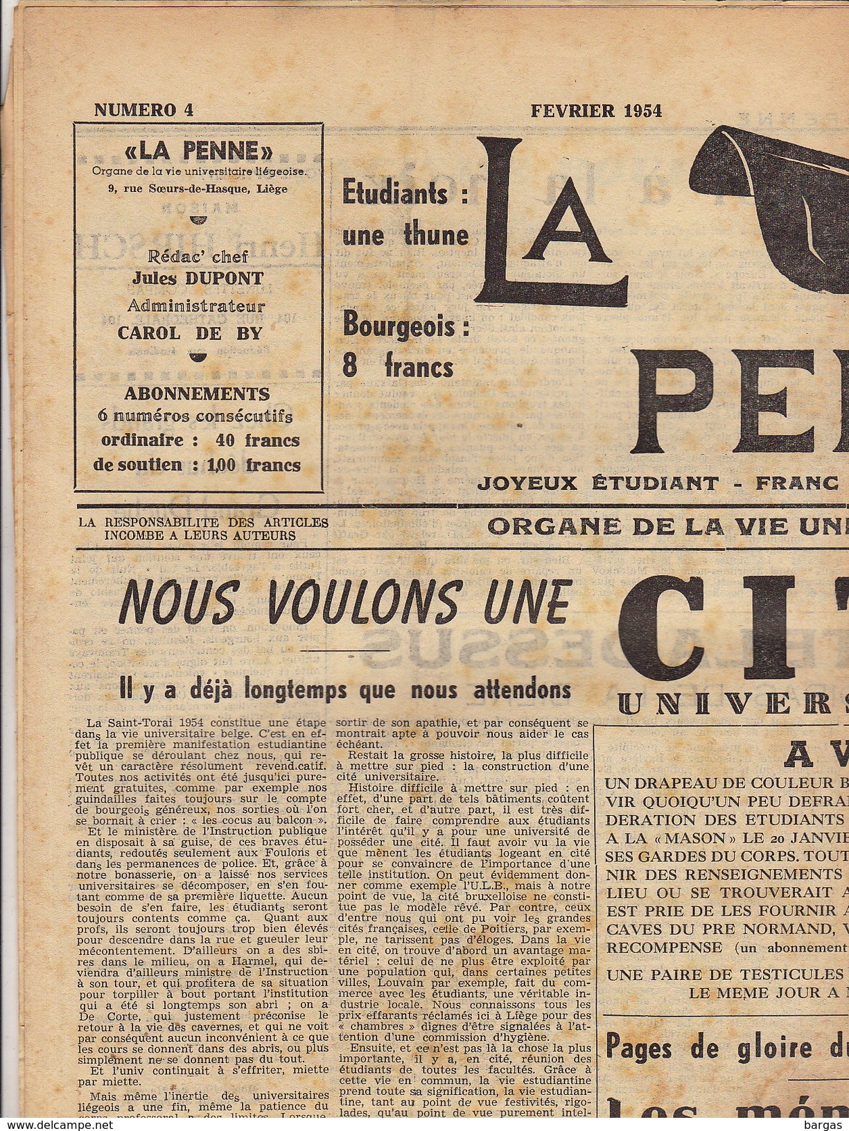 Journal Ancien étudiant Université De Liège LA PENNE Février 1954 - 1950 à Nos Jours