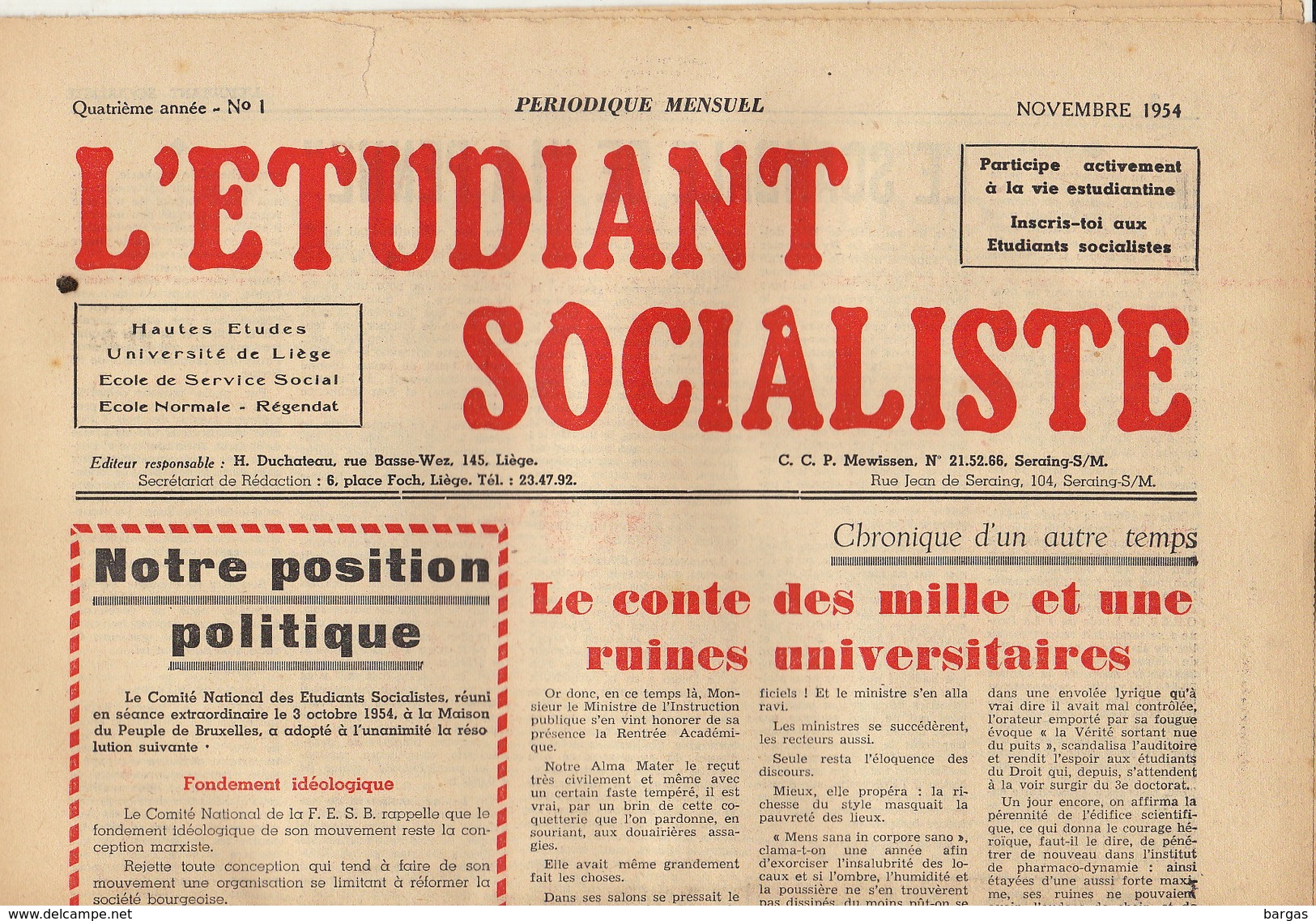 Journal Ancien étudiant Université De Liège L'ETUDIANT SOCIALISTE Novembre 54 - 1950 à Nos Jours