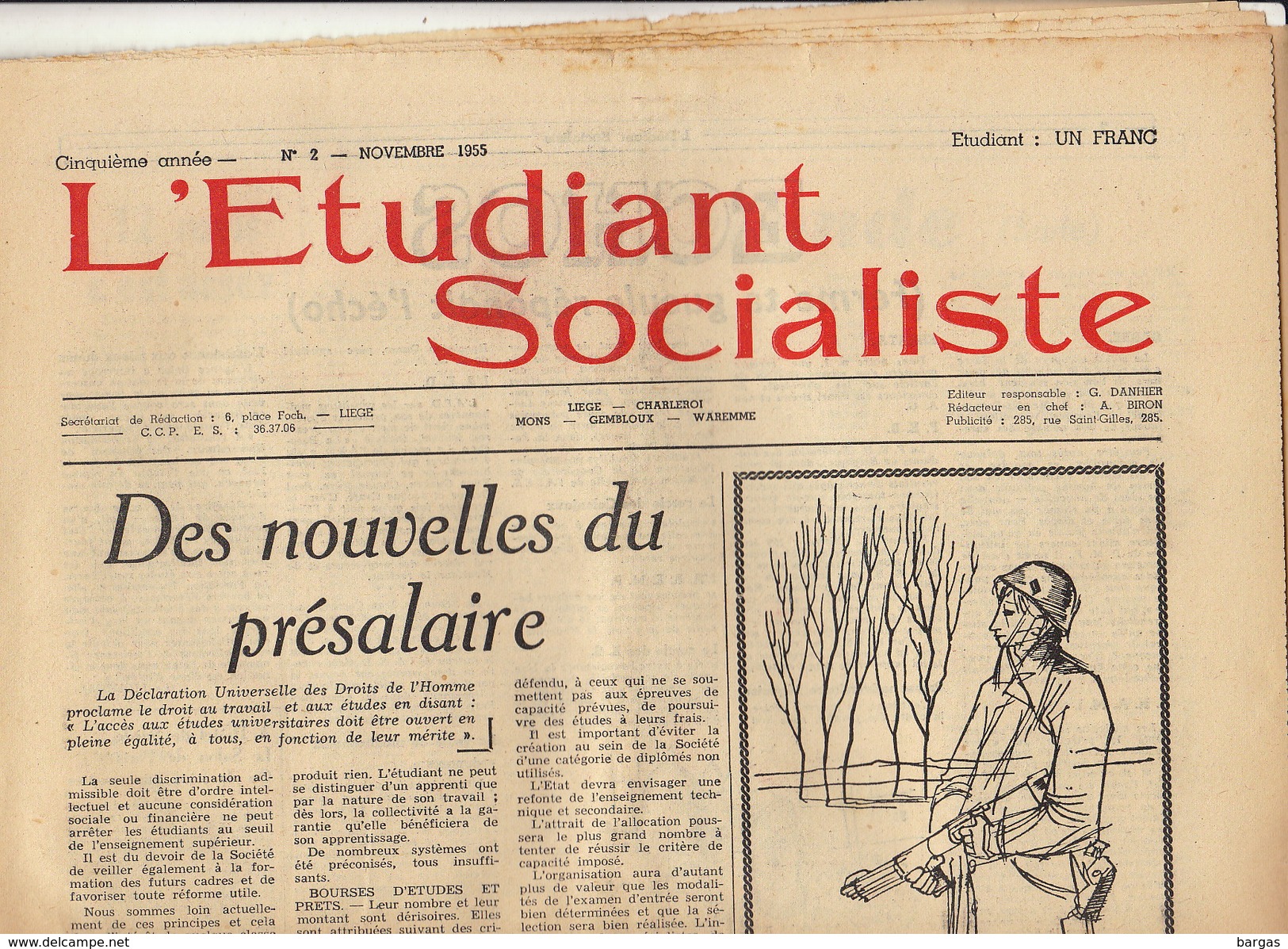 Journal Ancien étudiant Université De Liège L'ETUDIANT SOCIALISTE Novembre 55 - 1950 à Nos Jours