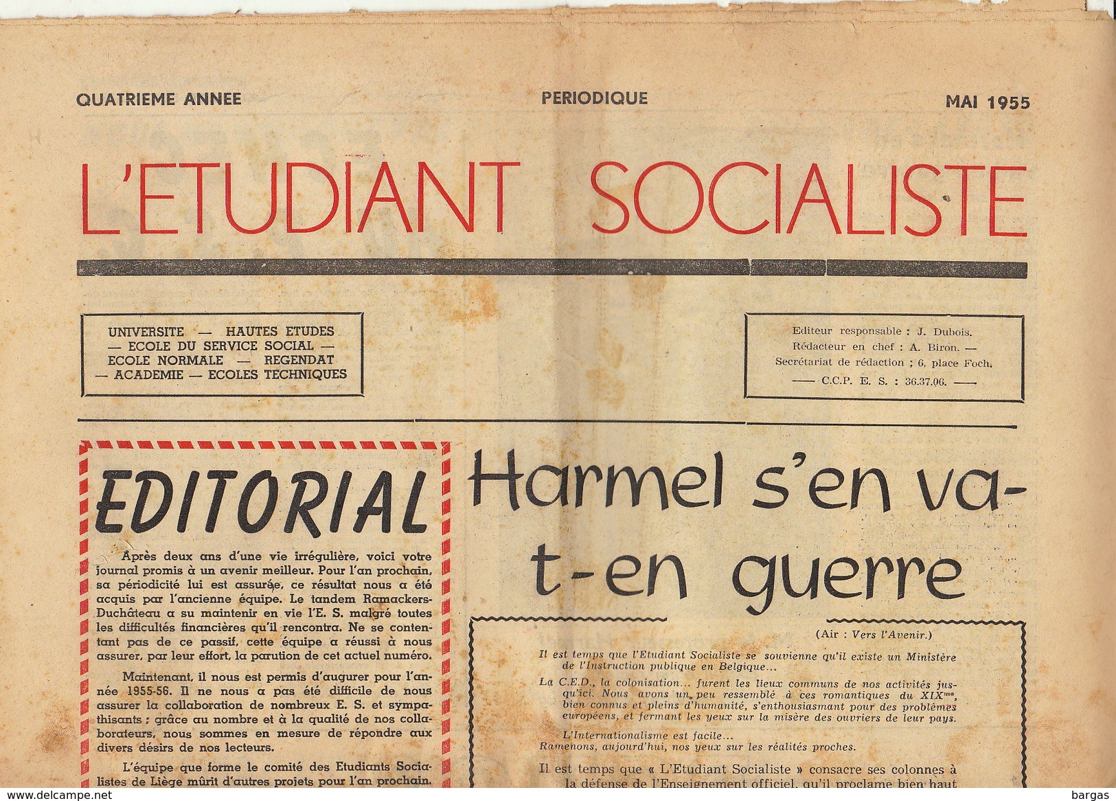 Journal Ancien étudiant Université De Liège L'ETUDIANT SOCIALISTE Mai 55 - 1950 - Heute