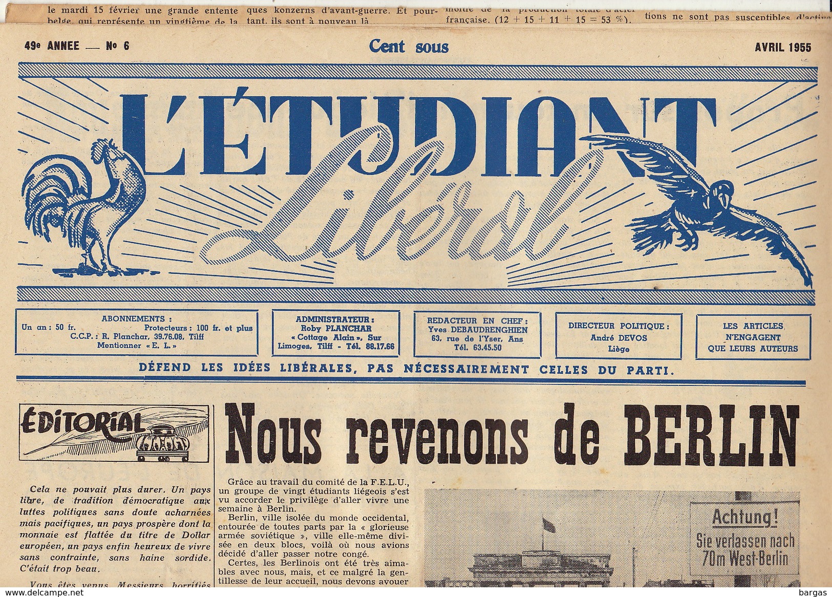 Journal Ancien étudiant Université De Liège L'ETUDIANT L'ETUDIANT LIBERAL Avril 55 - 1950 à Nos Jours