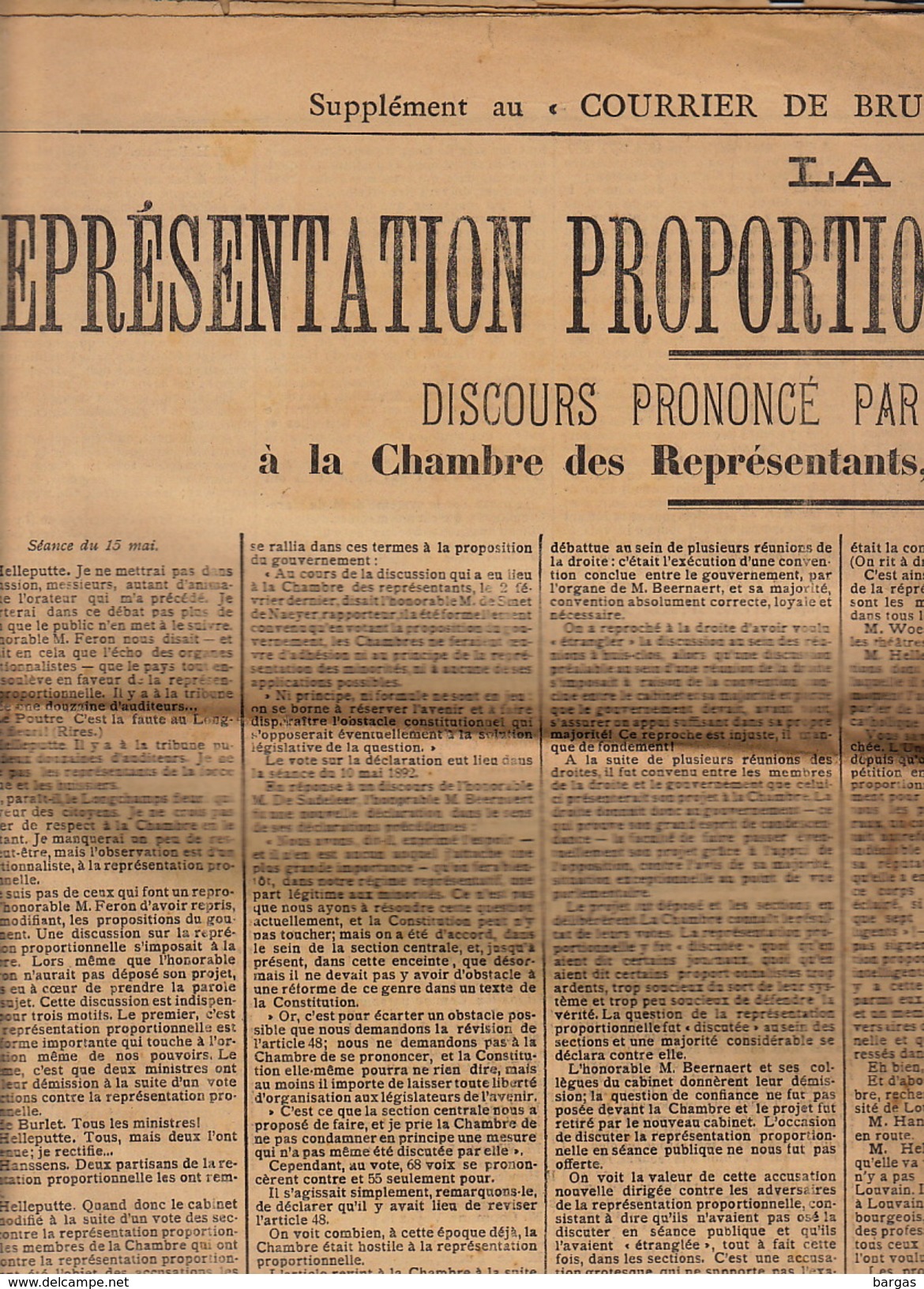 Journal Ancien Politique LA REPRESENTATION PROPORTIONNELLE Discours De Helleputte - 1850 - 1899