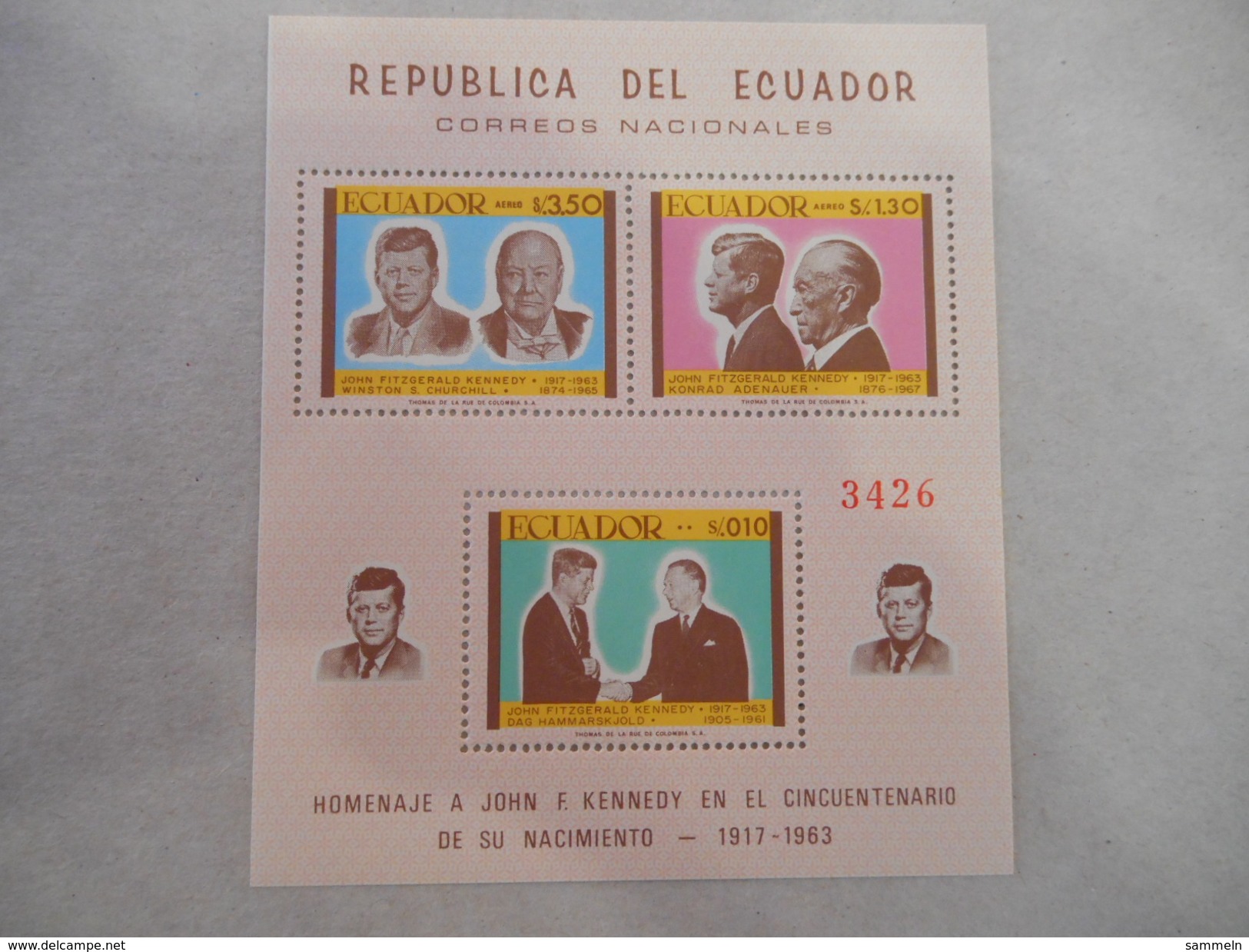 Y364 Ecuador, Equador Mnh Block Souv.sheet 44, John F Kennedy - Ecuador